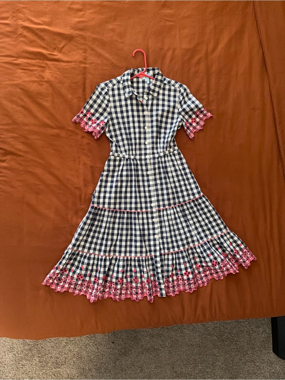 Draper James Midi Gingham Button Dolly Dress Embroidered Sz 0 Navy White Pink